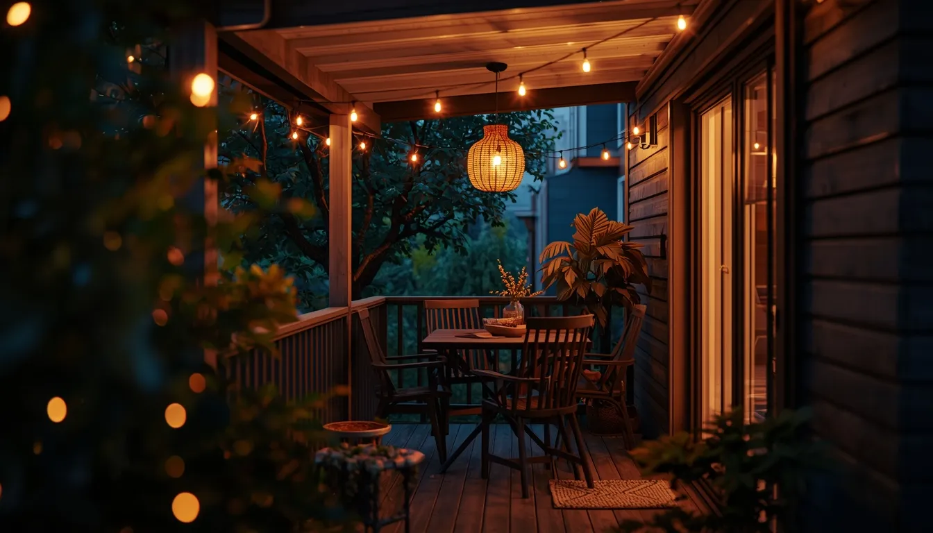 Solar string lights illuminating a cozy balcony